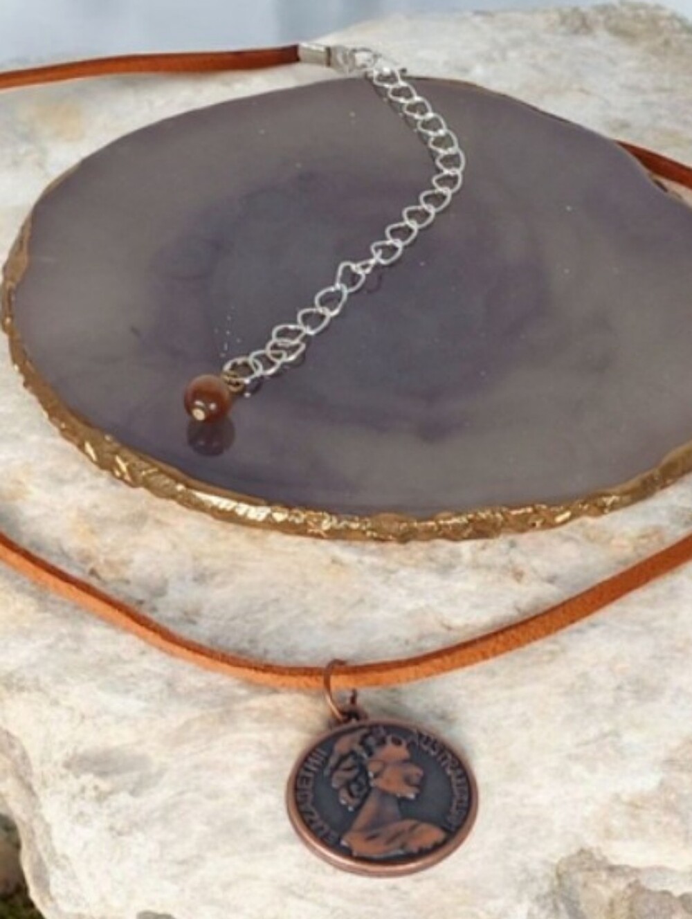 Suede Cord Medallion Necklace Brown Copper Coin Downtown Grunge 90s 1990s Retro